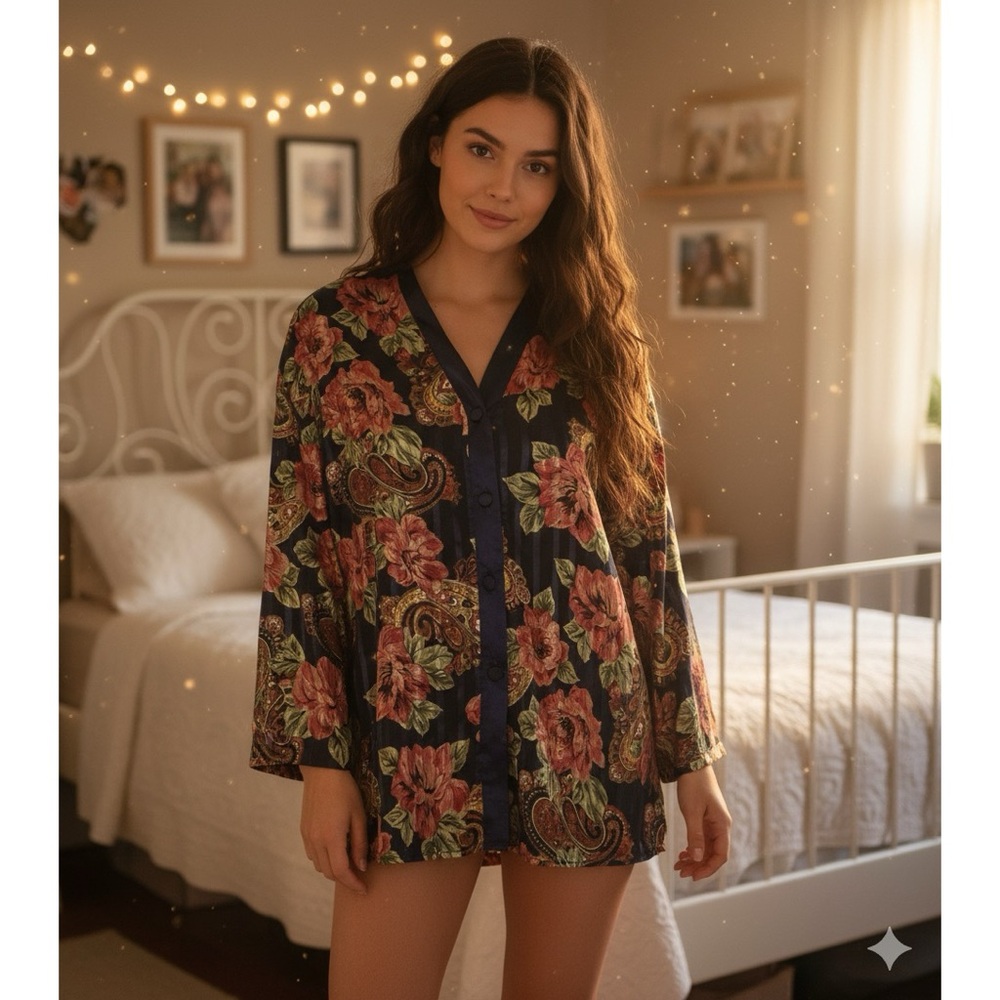 VTG GOLD‎ LABEL VICTORIA’S SECRET Floral/Striped Sleep Shirt